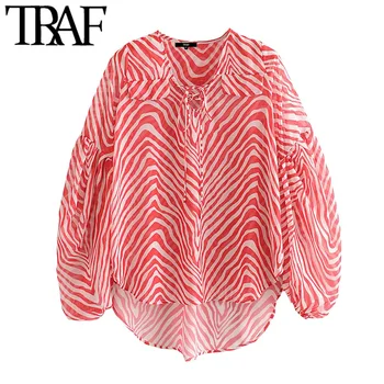

TRAF Women Chic Fashion Striped Loose Irregular Blouses Vintage Tied V Neck Long Sleeve Female Shirts Blusas Chic Tops