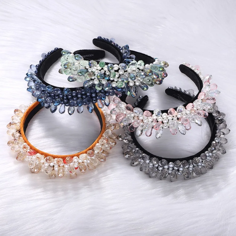 Vedawas Multi-Color Gem Baroque Headbands Women Diamond Hair Accessories Pearl Headband Girls Crown Flower Hairbands Head Wrap