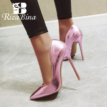 

RIZABINA Women Pumps 4 Colors Fashion Pointed Toe Shoes Women High Heels Leather Pattern Party Office Lady Zapatos Size 33-48