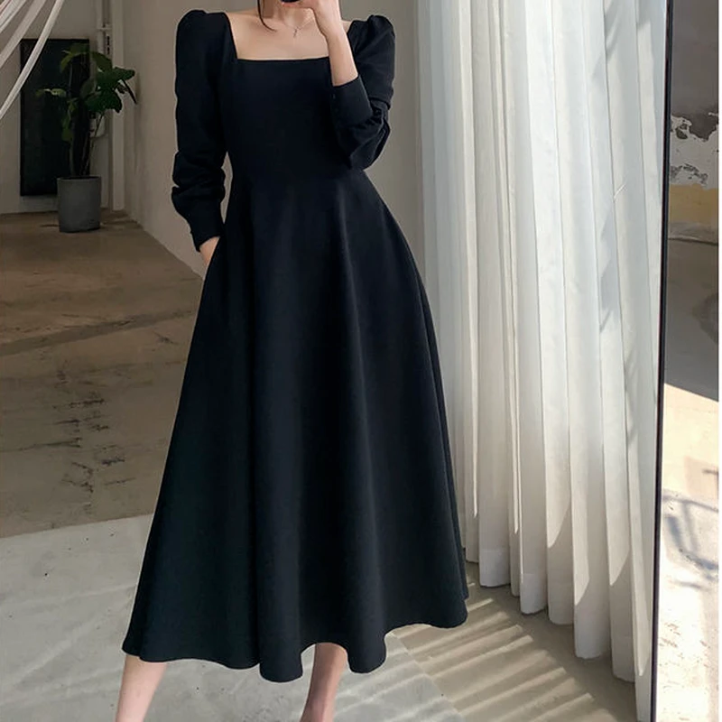 QWEEK Vintage Black Long Sleeve Midi ...