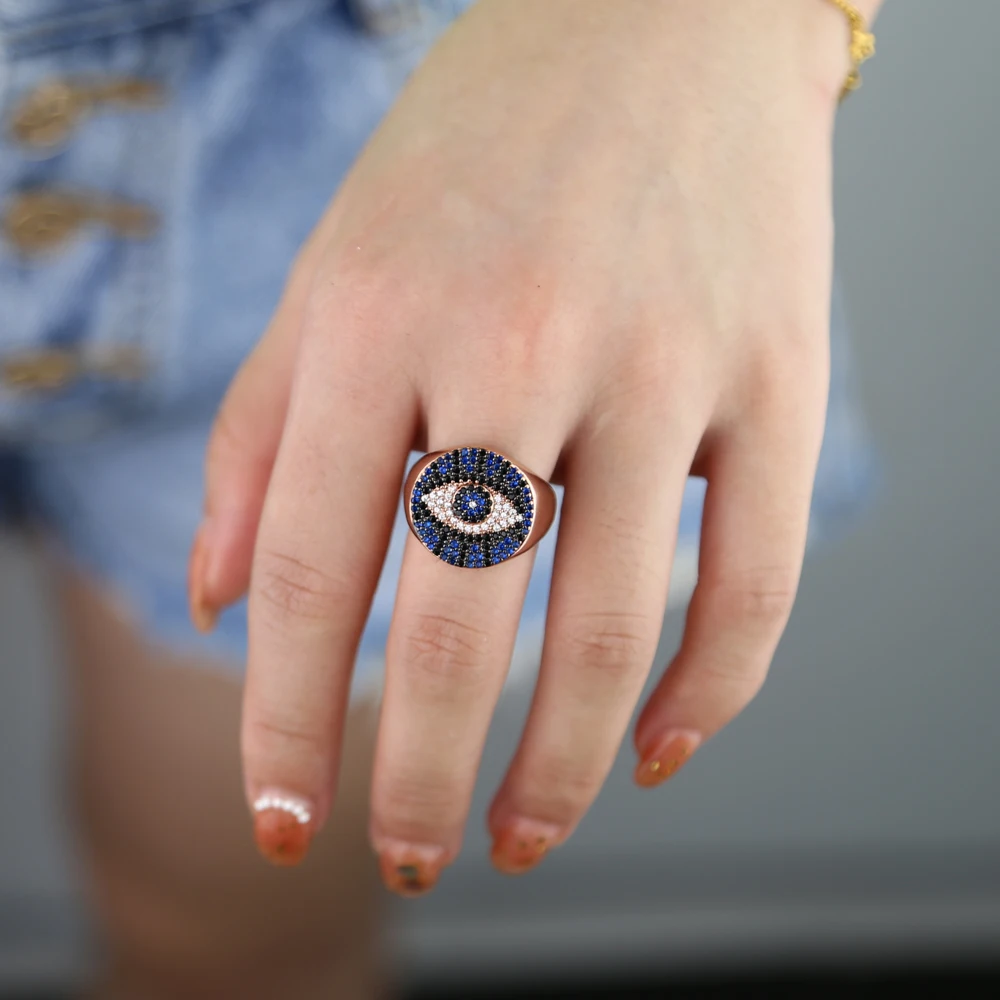 Розовый золотой цвет на удачу evil eye blue cz кольцо вечности группа engaement лента милая очаровательная девушка женщины циркония сглаза палец кольца