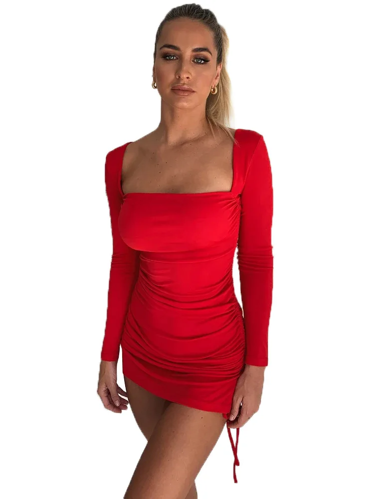 

New Arrival 2020 Spring Long Sleeve Dress Drawstring Ruched Bodycon Short Dress Red Sexy Fashion Party Celebrity Women dress