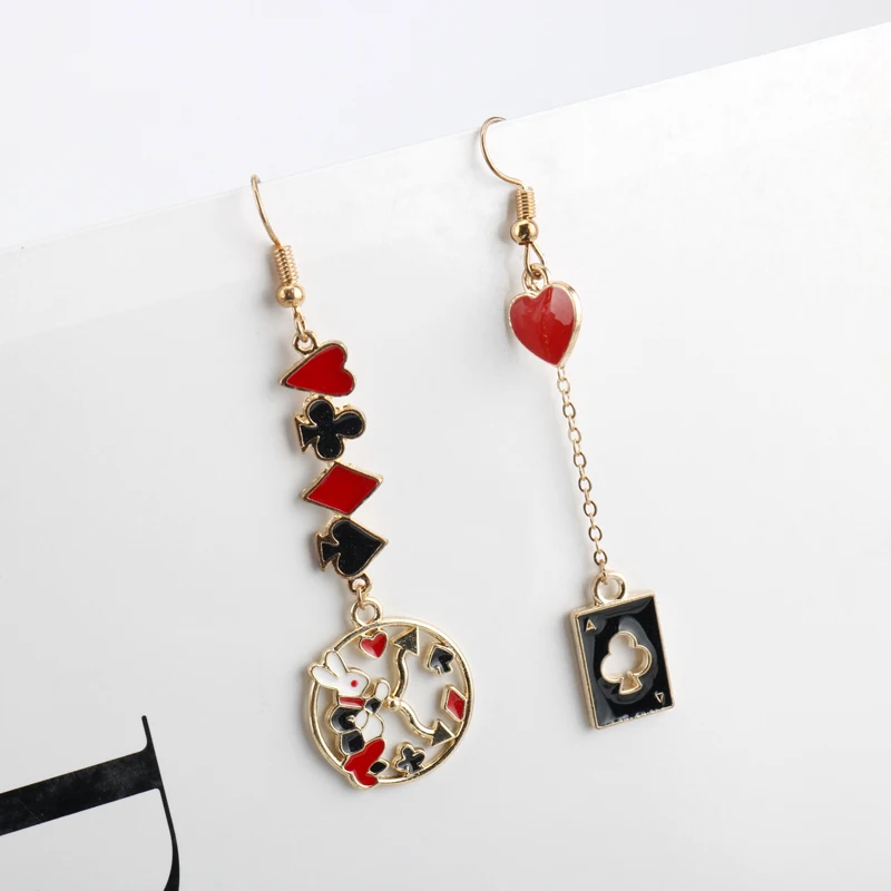 Animal Earrings Alice in wonderland Metal Enamel Rabbit Clock Poker Cartoon Icon Party Jewelry For Girl Women Gift