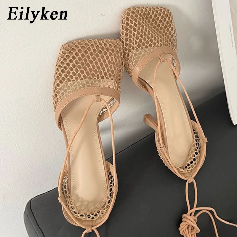 

Eilyken Spring Mesh Casual Pumps Sandals Female Square Toe High Heel Lace Up Cross-tied Stiletto Hollow Dress Tacones De Mujer
