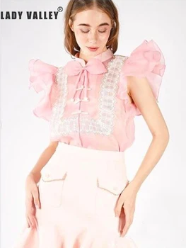 

Free shipping lotus leaf shoulder contrast color applique organza perspective shirt ladies summer new fashion retro wild top