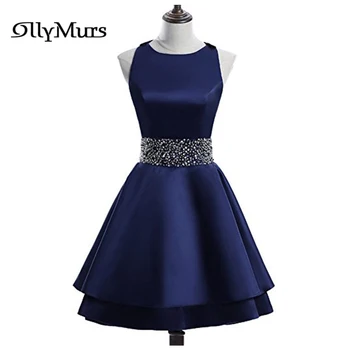 

Navy Blue Bridesmaid Dress LR943 Crystal Bridesmaid Gowns O-neck Bridesmaid Dresses Short Creme Elegant Wedding Guest Gowns