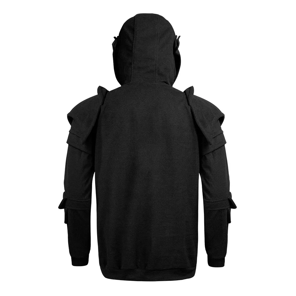 solid pleated sleeve hem curved long fleece hoodie