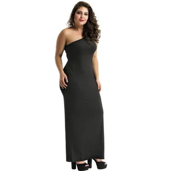 

Ladies plus size dress black oblique shoulder waist dress female solid color summer party performance sexy tight dress new