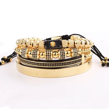 High Quality Men Jewelry Gold Stainless Steel Roman Bangle CZ Lion Charm Macrame Bracelet Set