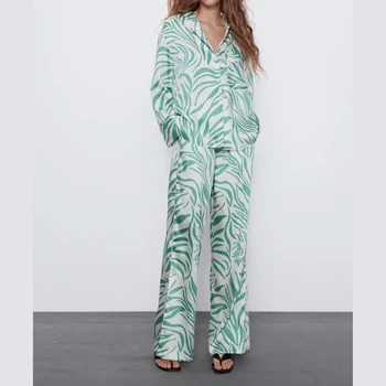 

2020 new summer suits women two piece set green printed pajama-style top&pants high waist elastic female woman clothes