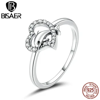 

BISAER 925 Sterling Silver Dolphin with Heart Wedding Ring Jewelry Silver CZ Finger Rings for Women Engagement Anel ECR671