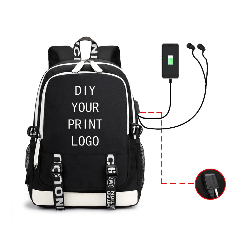 Customized Backpacks For Men And Women Students School Bag Charging Headset Hole Multifunction Men's DIY Logo Backpack Male | Багаж и