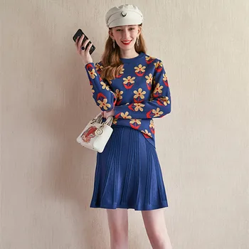 

Women Knitted Floral Jacquard Pullover Sweaters+Elastic Waist Pleated Mini Skirt Set 2020 Autumn Sweet 2PCS Clothing Set K9526