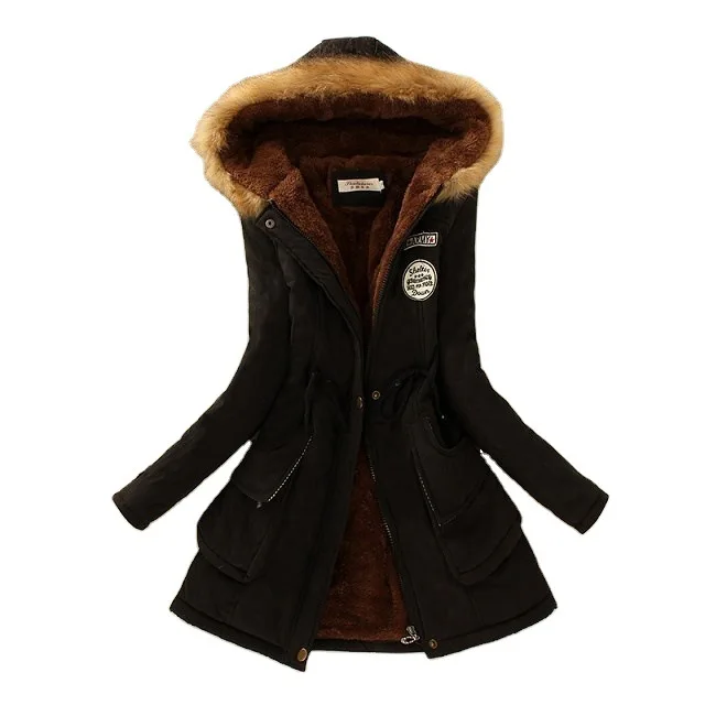 New Winter Women's Peach Skin Hooded Fur Collar Waist Plus Velvet Thickening Warm Ski Mid-length Cotton Coat