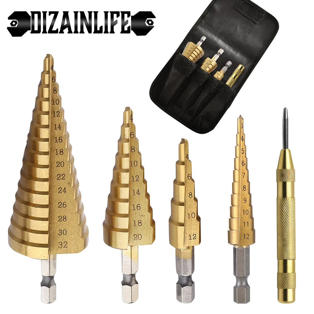 HSS Cone Step Drill Bits Set Titanium Coated Straight/Spiral Groove Hex