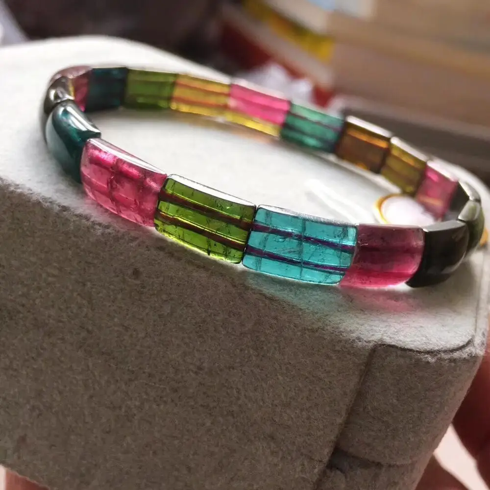 

Certificate Natural Colorful Tourmaline Clear Rectangle Beads Bracelet Women Men Gift Stretch 10x8mm Crystal Stretch AAAAA