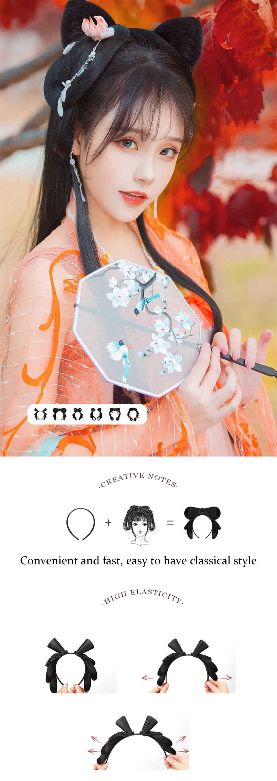 Faixa de Cabelo Buqi Chinês Tradicional Retro Cabelo Chignon Sintético Hanfu Peruca Cosplay Preto Falso Bun Antiga Fada Princesa 1 Cheap Coque sintético