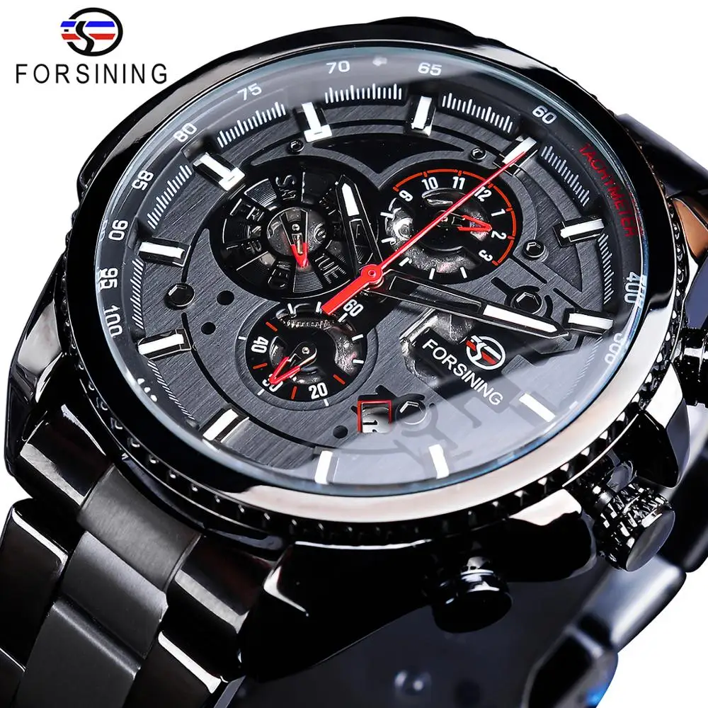 Forsining Three Dial Calendar Stainless Steel Men Mechanical Automatic Wrist Watches Top Brand Luxury Military Sport Male Clock afbeelding
