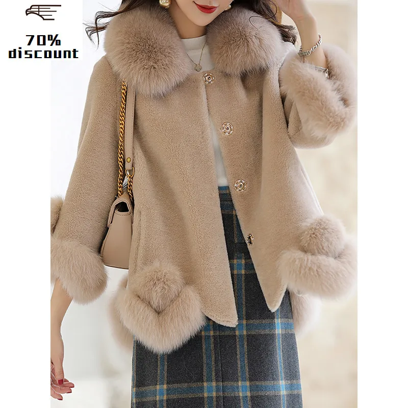 

Real Fur Coat Female Sheep Shearling Winter Jacket Women Fox Fur Collar 300% Wool Coat Women Clothes 2020 Veste Femme MY