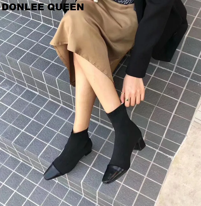 Fashion Slim Stretch Ankle Boots Women Round Toe Sock Boots Low Heel Stretch Knit Boots Elegant women's shoes   zapatos de mujer