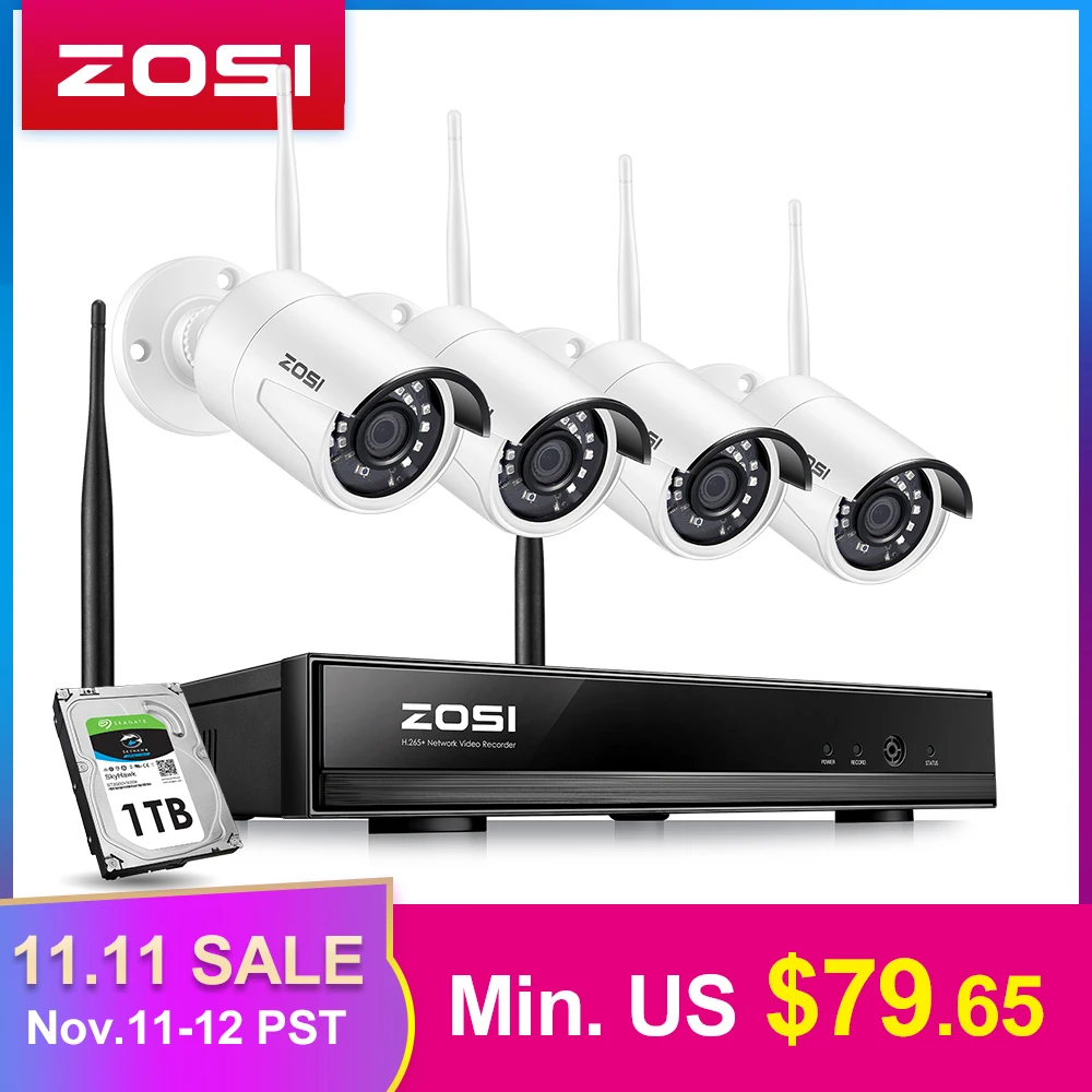 ZOSI 8CH 1080P HD WiFi NVR 2CH / 4CH 2.0MP IR Արտաքին անջրանցիկ CCTV անլար IP խցիկի անվտանգության տեսախցիկների հսկողության համակարգային հավաքածու