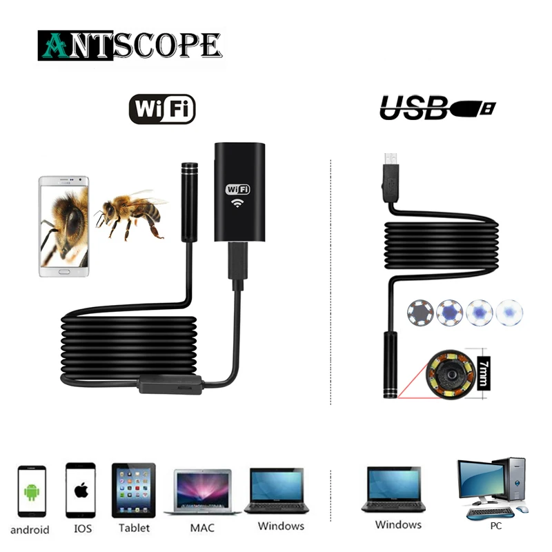 Антскоп Wifi эндоскоп камера Android 720P Водонепроницаемая Полужесткий трубка iOS и 7 мм