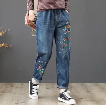 

Jeans Women's 2020 Spring Retro Embroidered flowers Elastic Waist Loose denim Harem Pants Plus Size M-3XL r176