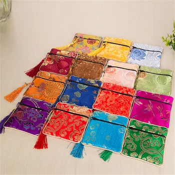 

1PC Chinese Style Tassel Rectangle Zipper Coin Purse Silk Napkin Pouch Pocket Jewelry Necklace Comb Cosmetic Storage Desk Set