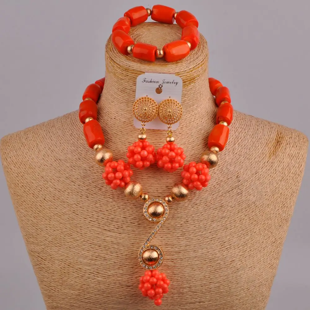 

White Red Orange Nigeria Coral Beads African Coral Necklace Bridal Jewelry Sets for Women 1C-S03