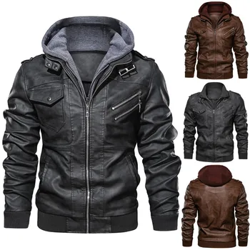 

Men's Autumn Winter Coat With Hat Detachable Pure Color Imitation Leather Coat For Men