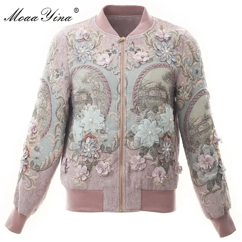 

MoaaYina High Quality Fashion Jacket jacket Autumn Women's Applique Floral Pearl Beading Diamond Elegant Short Jacket jacket