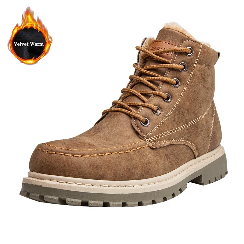 Brown plus velvet Men Boots Autumn Early Winter Boots Men Shoes Cool Young Men Fashion Street Male Footwear Single Ankle Boot - Цвет: Brown plus velvet