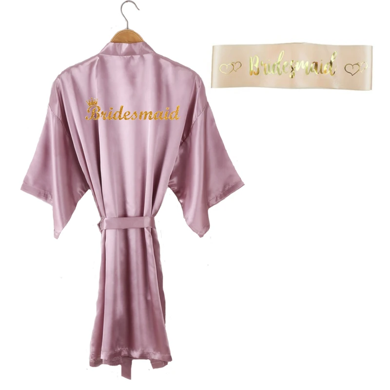 Великолепный халат mauve, комплект из 3 предметов, халат для подружки невесты, атласные женские блестящие тапочки с золотыми буквами, свадебные халаты для невесты - Цвет: 1robe 1sash