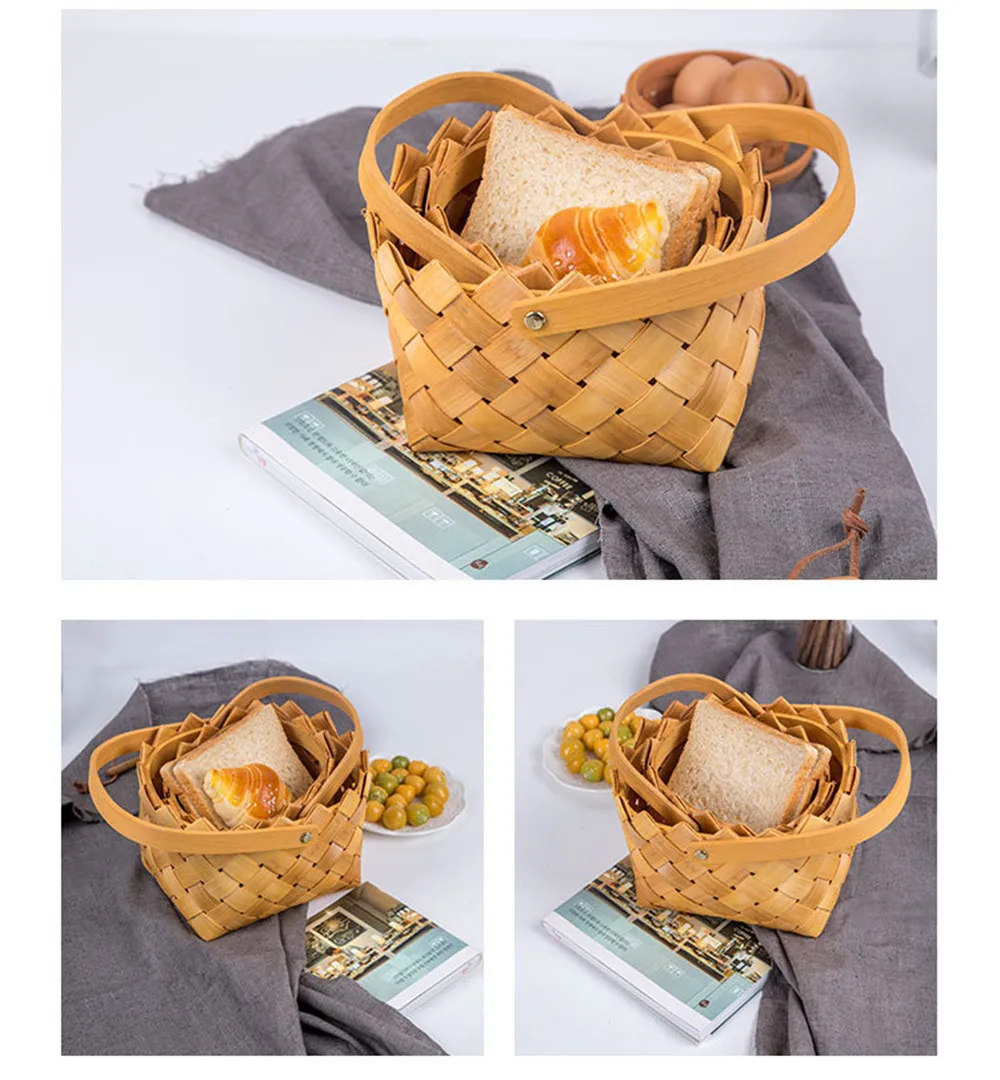 Wood Weaving Storage Basket with Handle Nordic Ins Pastoral Picnic Bread Food Fruit Cosmetic Towel Storage Basket Home Organizer