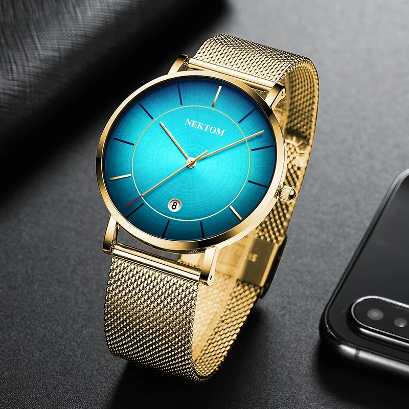 

NEKTOM Gold Blue Fashion Auto Date Men Watches Mesh Steel Male Quartz Clock Men's Ultra-thins Simple Wristwatch