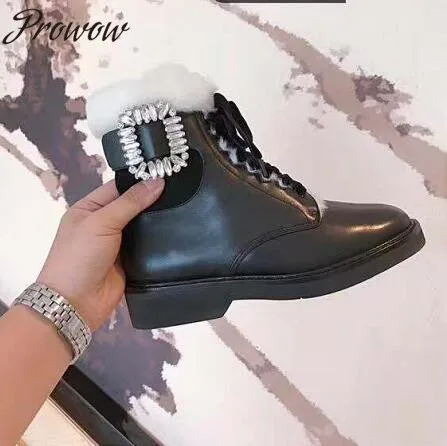 

Prowow New Genuine Leather Gladiator Lace Up Ankle Boots Round Toe Crystal Beading Low Heel Fur Winter Warm Boots Shoes Women