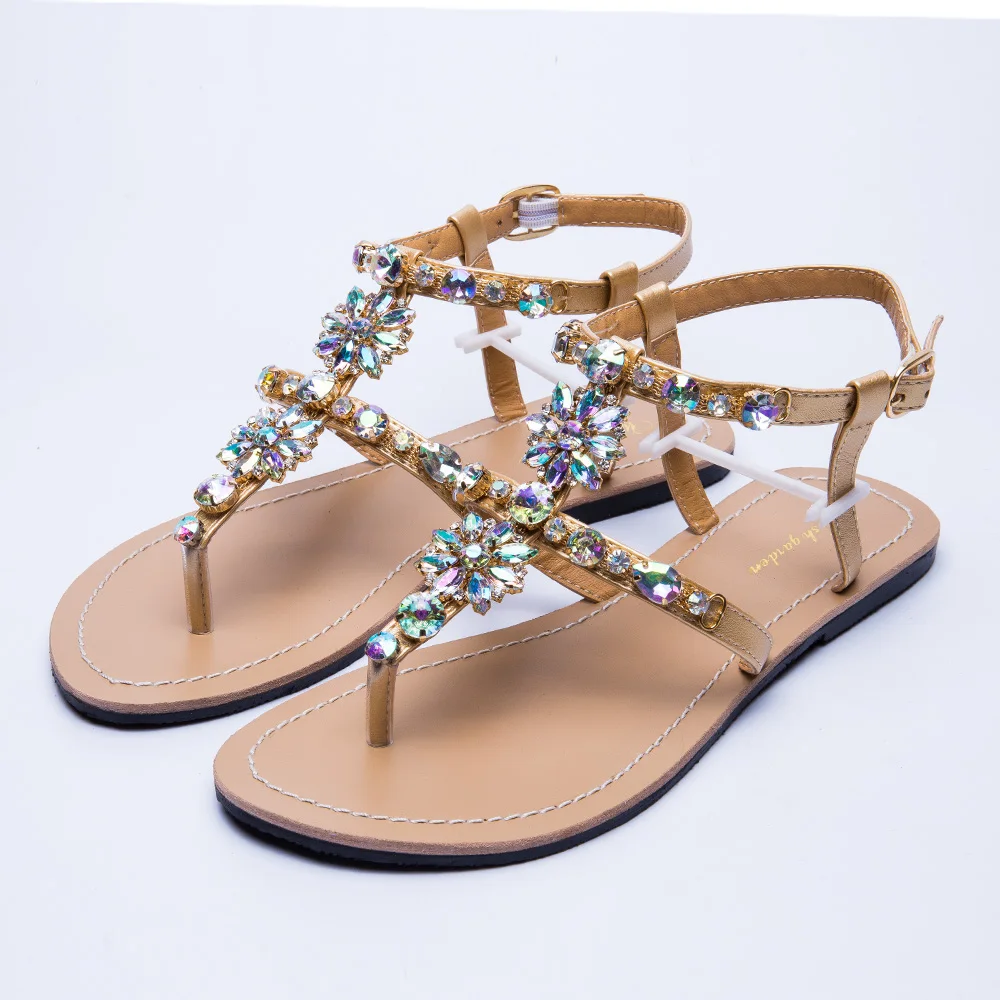 NEW summer Women`s beach sandals lady shining rhinestones shoes bohemia diamond T-strap thong flip flops comfortable Boho shoes