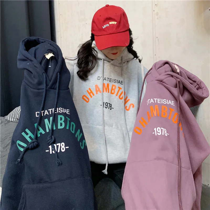 Толстовки женские плюс бархатные толстые пары BF Harajuku уличная негабаритная 2XL Студенческая с капюшоном с буквенным принтом Kpop Ulzzang Женский пуловер s