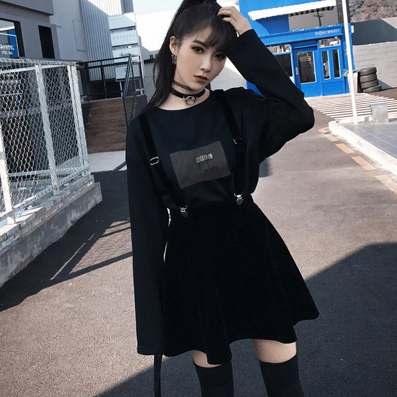 

Clip Velvet Strap Skirts Women Gothic Harajuku Spring Summer Mini Skirts Korean Short Skirts Sexy A-Line School Skirt Black V411