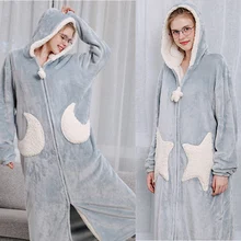 Длинный фланелевый флисовый Халат с капюшоном для женщин и мужчин, теплая Пижама с застежкой-молнией, свободная ночная рубашка