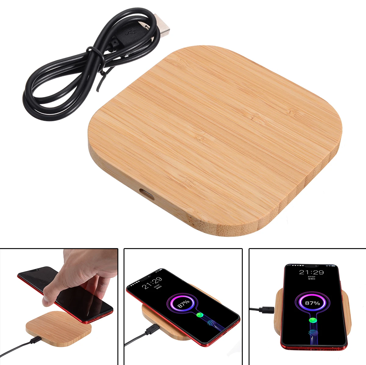Portable Square Wood Bamboo Qi Wireless Charger Charging Pad Mat For iPhone 8 Plus X Samsung Galaxy S6/S6 Edge For Nexus 4 5 6