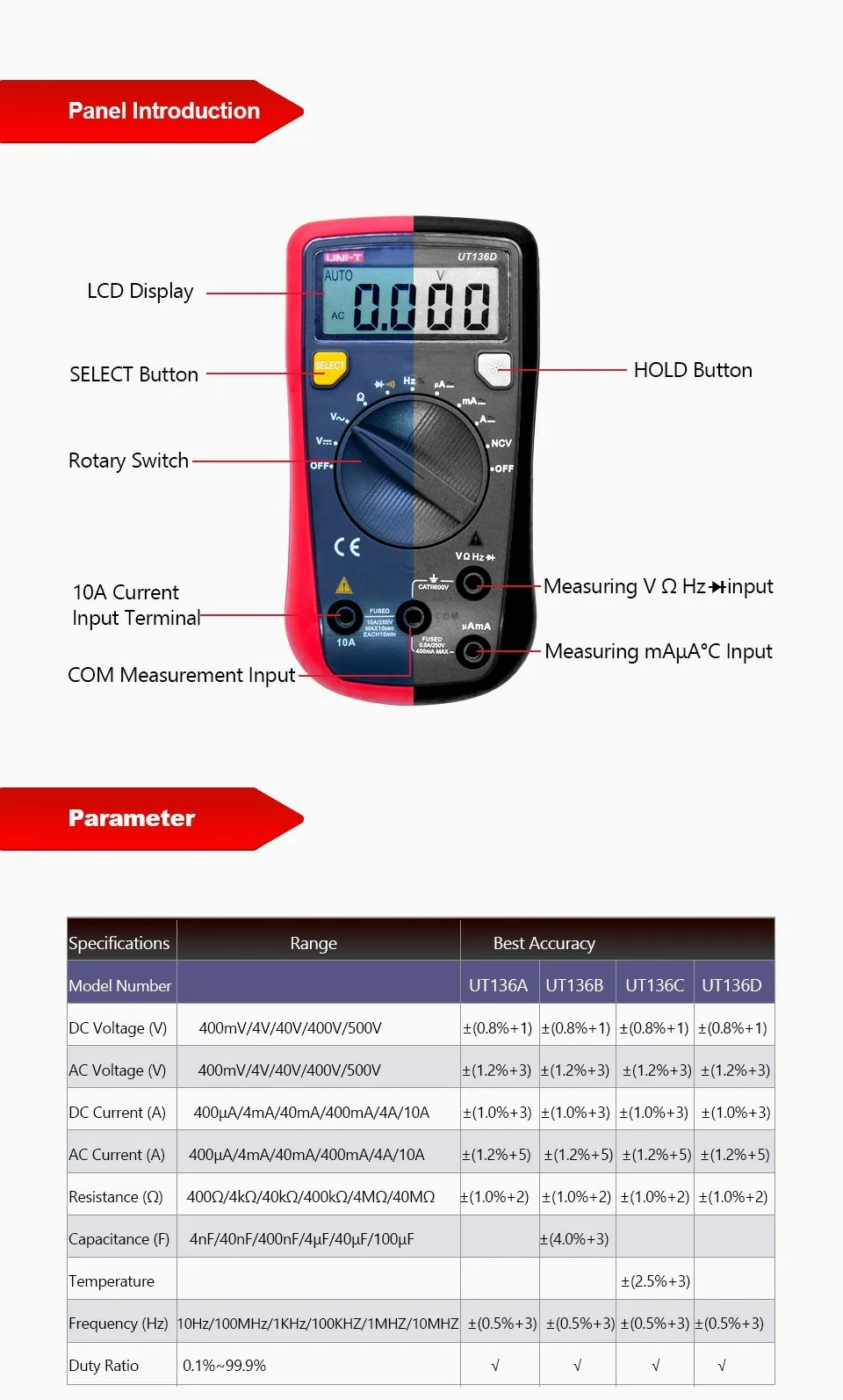 Цифровой мультиметр UNI-T UT136A UT136C UT136D AC/DC Ток Напряжение сопротивление частота тест er Диод Непрерывность зуммер тест