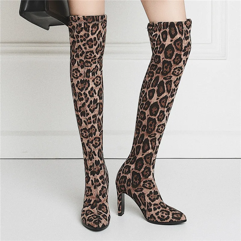 FEDONAS Sexy Leopard Women Thin High Heels Over The Knee Boots Pointed Toe Night Club Shoes Woman Autumn Winter Socks Boots