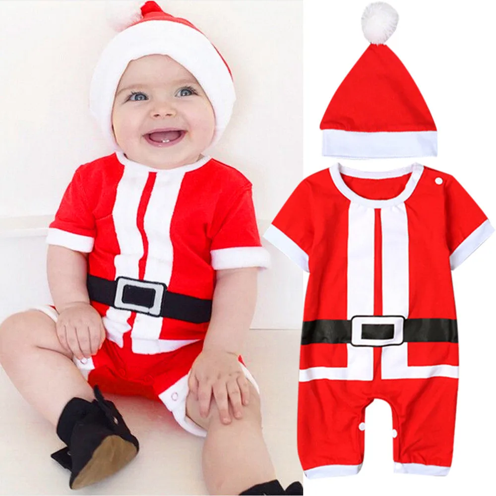 Рождественский костюм для новорожденных девочек и мальчиков; шапка Санта-Клауса; комбинезон; одежда; Рождественская одежда; рождественские комплекты унисекс с короткими рукавами