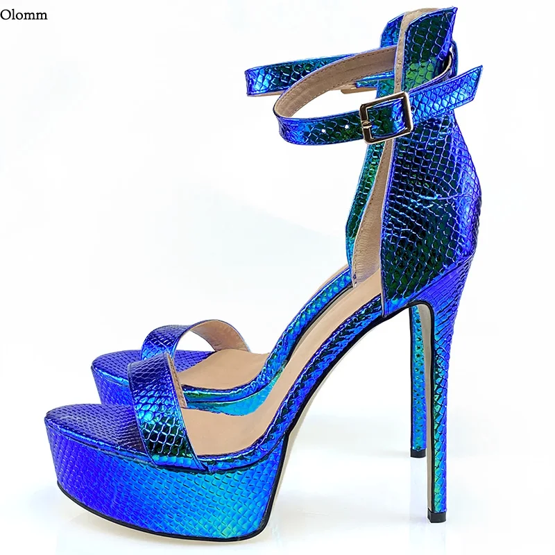 

Olomm New Women Platform Shiny Sandals Sexy Snake Stiletto High Heels Open Toe Pretty Blue Dress Shoes Women US Plus Size 5-20