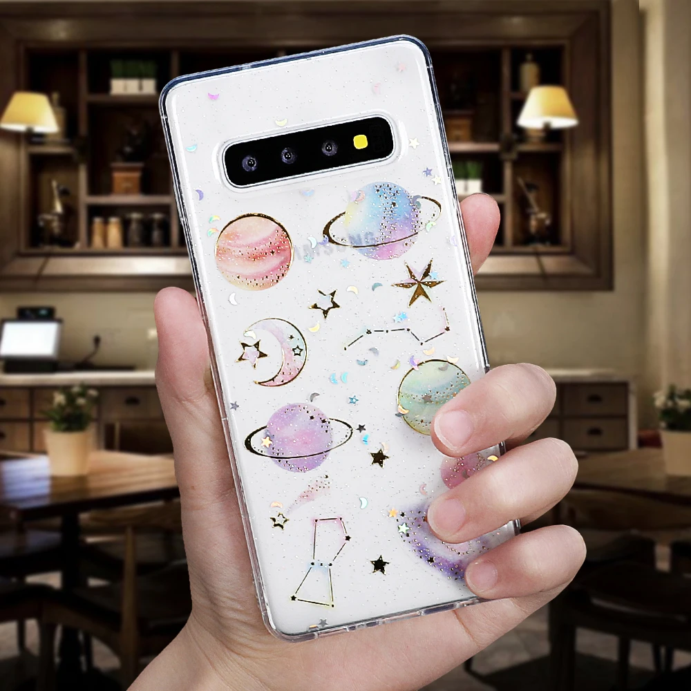 SUYACS Блестящий порошковый чехол для телефона с планетой для samsung Note10 A50 S10e S9 S8 Plus A30 A40 A60 A70 прозрачный мягкий EpoxyBack чехол