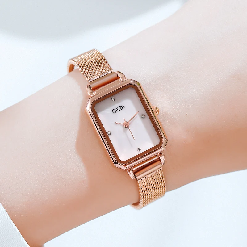 

Ladies watch women quartz wristwatches luxury stainless steel watches fashion mesh strap woman waterproof rose gold Square clock