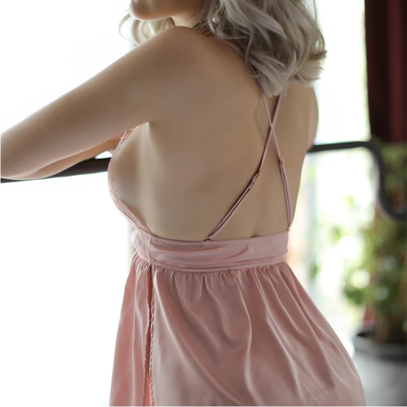 Backless Sexy Nightgowns Women Cross Side Open Sling Strap Nightdress Eyelash Lace  Nightwear Home Night Dress Lingerie