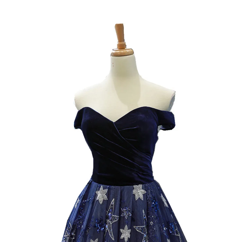 Королевский синий Vestidos De Fiesta блестящие звездное небо вечерние элегантные блестками вечерние платья с вышивкой банкет Вечеринка Выпускной платья
