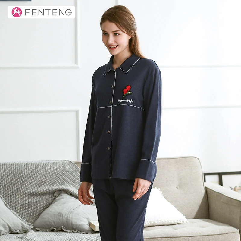 

FENTENG Spring Suit Women Knit Long Sleeves Homewear Cardigan Sleepwear Clothing Pure Color Vintage J98033171